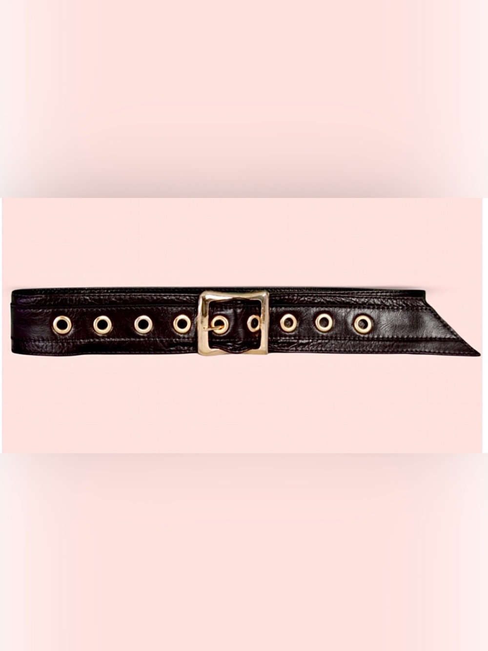 Designer Black Leather Belt with Gold Buckle and Gold Eyelets.